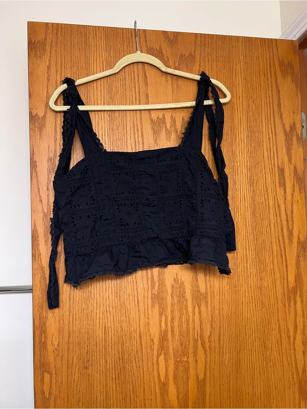 FARM Rio Black Eyelet Tie-Shoulder Crop Top